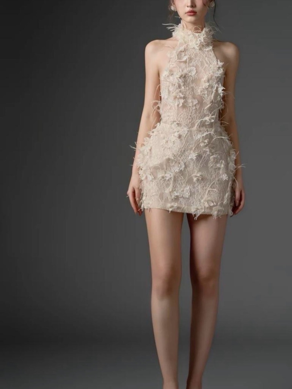 21SIX Beige Lace & Feather Halter Cocktail Dress - Picture 4 of 5